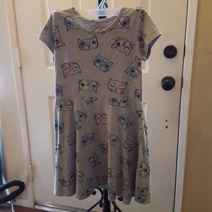 Girls grey dress with fun kitty print